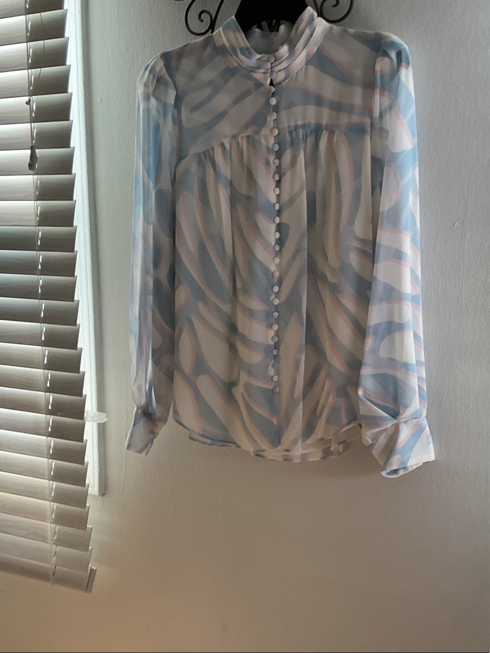 BCBG Pale Blue and Cream Swirl Button-Front Blouse